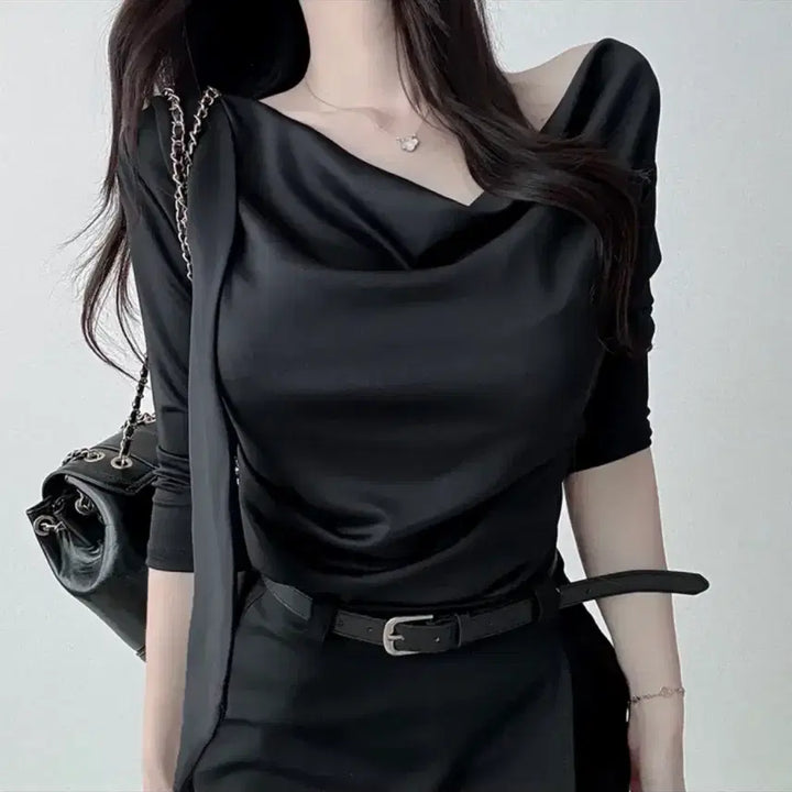 [BUNJANG] Black Drape Shirring Blouse / 블랙 드레이프 셔링 블라우스 새상품