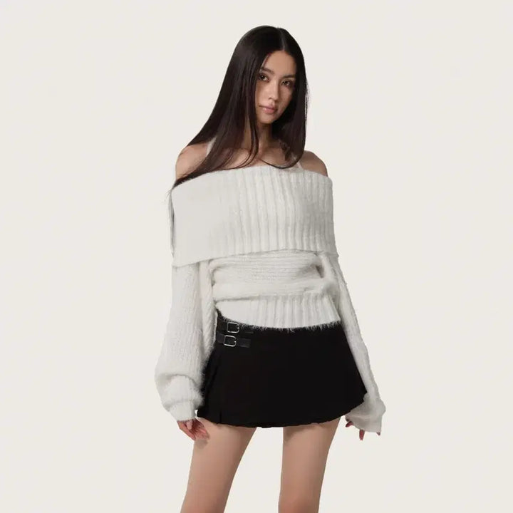 [BUNJANG] Clicheria Off-Shoulder Ribbon Knit Top / 클리시어 팔레트 오프숄더 리본 니트 화이트