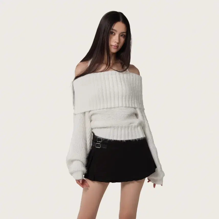 [BUNJANG] Clicheria Off-Shoulder Ribbon Knit Top / 클리시어 팔레트 오프숄더 리본 니트 화이트