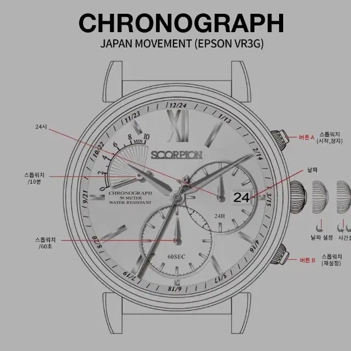 [BUNJANG] Scorpion Chronograph Leather Watch / # 스콜피온 크로노그래프 남성명품시계 D버클 가죽시계 급처