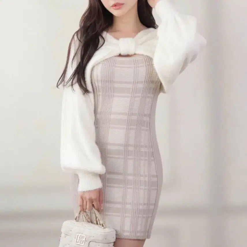 [BUNJANG] Lipservice Ribbon Knit Check Dress / 립서비스 리본 니트 체크 원피스