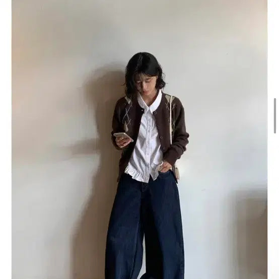 [BUNJANG] Daily Joo Argyle Alpaca Knit Cardigan / 데일리쥬 네스 아가일 알파카 라운드넥 니트 가디건