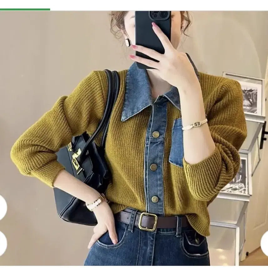 [BUNJANG] Queens Denim Collar Thick Cardigan / @ 퀸즈 데님 카라 도톰 가디건