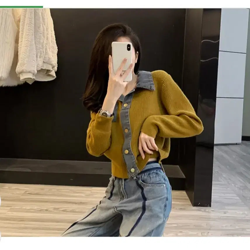 [BUNJANG] Queens Denim Collar Thick Cardigan / @ 퀸즈 데님 카라 도톰 가디건