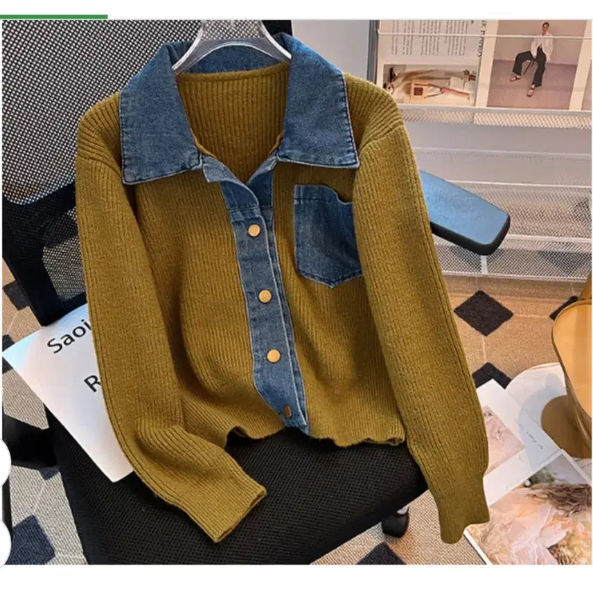 [BUNJANG] Queens Denim Collar Thick Cardigan / @ 퀸즈 데님 카라 도톰 가디건