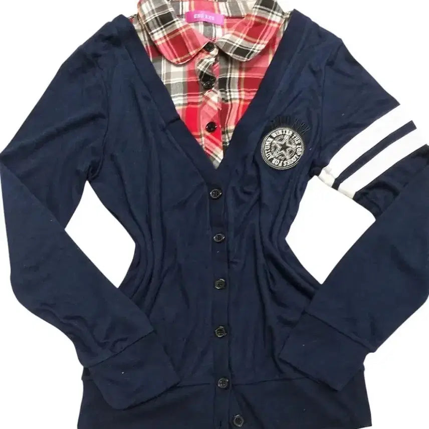 [BUNJANG] Vintage Checkered Long Sleeve Shirt and Layered Cardigan / 빈티지 체크 긴팔티셔츠 레이어드가디건