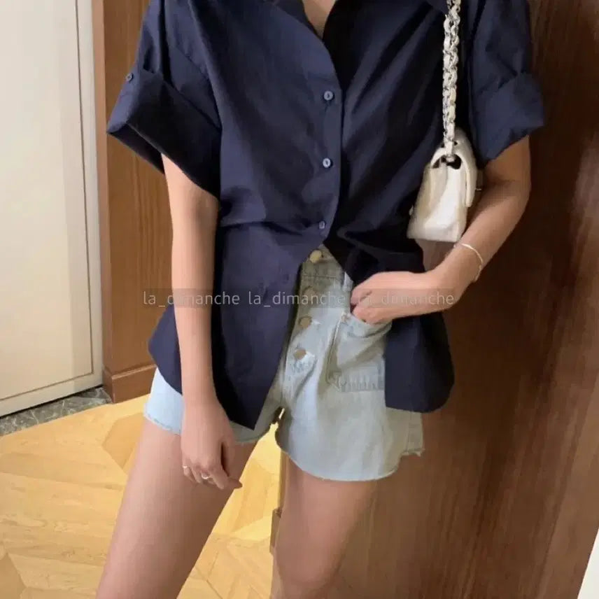 [BUNJANG] Poster Line Navy Short Sleeve Shirt / poster포스터 라인 반팔 셔츠 네이비