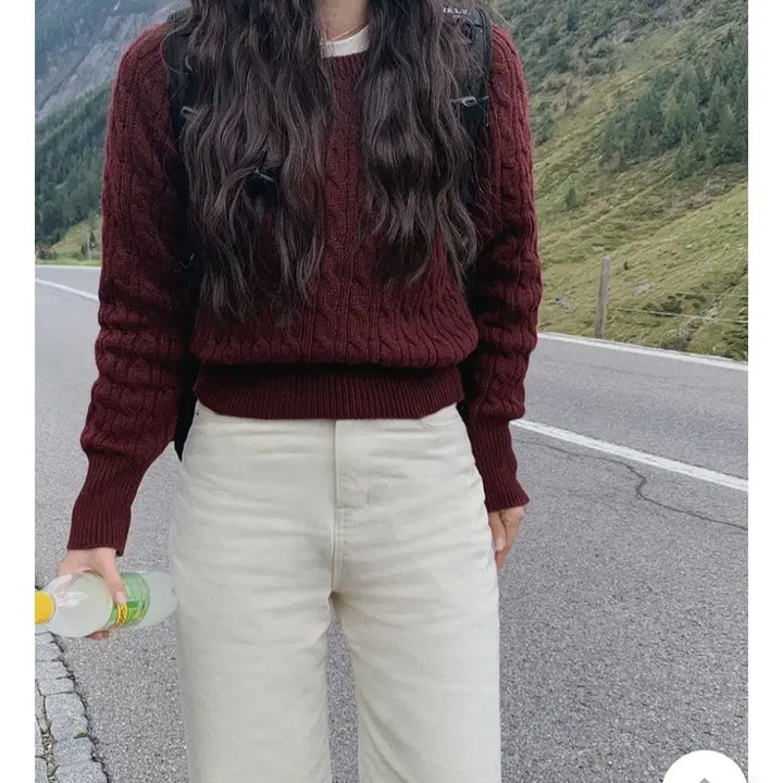 [BUNJANG] Slow and Cable Knit Burgundy Sweater / 슬로우앤드 케이블니트 버건디 미착용