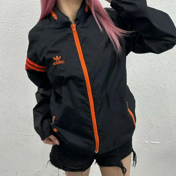 [BUNJANG] Adidas 80's West Germany Orange Black Windbreaker M / 아디다스 80's 서독제 오렌지 배색 블랙 바람막이 M