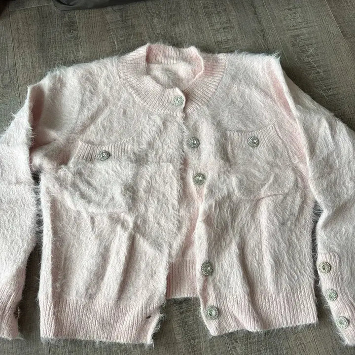 [BUNJANG] Second Second Cherry Cubic Fur Cardigan / 세컨드세컨 로 체리 큐빅퍼 가디건 아이보리,핑크