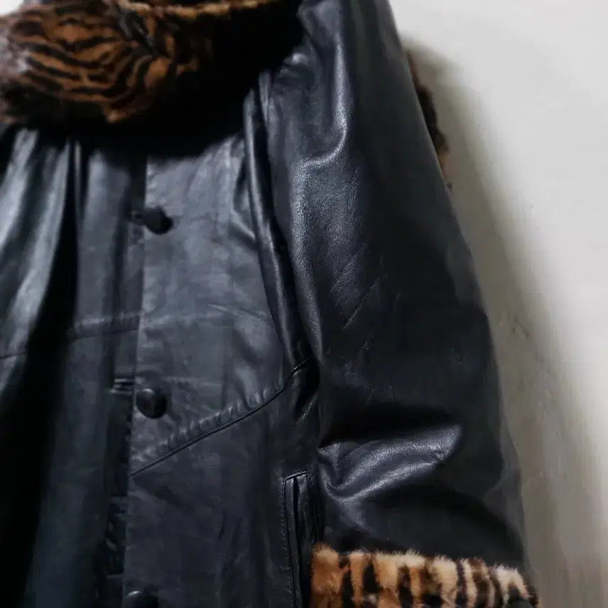 [BUNJANG] ELIZABETH DAY Italian Leather Leopard Fur Coat / ELIZABETH DAY 이태리 레더 블랙 호피퍼 코트