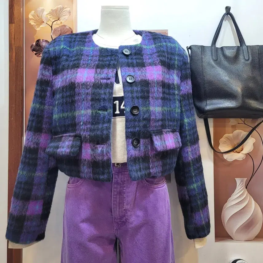 [BUNJANG] Dumble Check Cropped Jacket / 덤블 체크 크롭 자켓