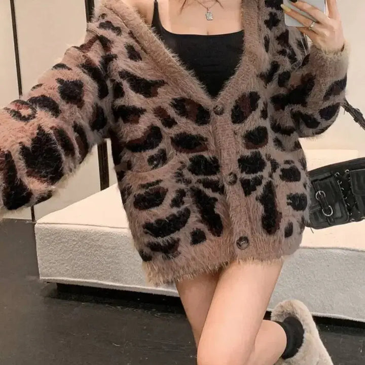 [BUNJANG] Leopard Print Faux Fur Cardigan / 갸루 가디건