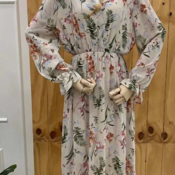 [BUNJANG] Floral Chiffon V-neck Long Dress / 플라워 쉬폰원피스 V넥 허리밴딩 롱원피스