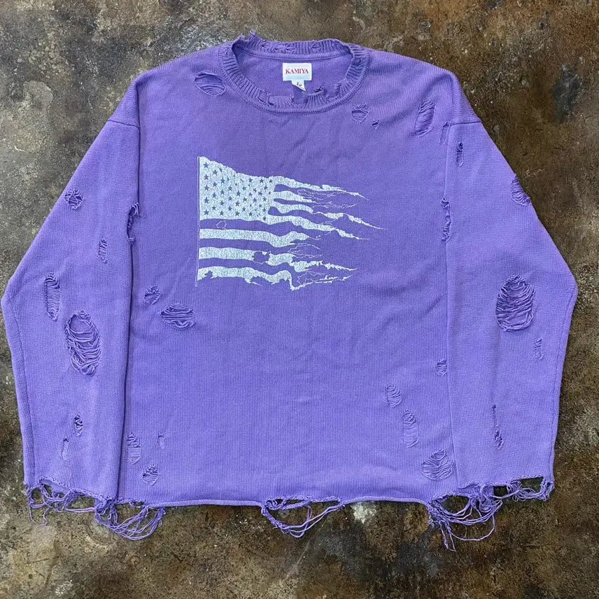 [BUNJANG] KAMIYA US Flag Damage Purple Knit / (XL) KAMIYA 성조기 데미지 퍼플 니트