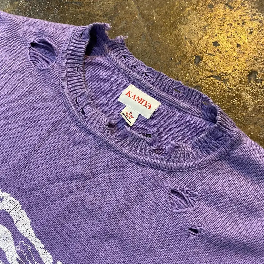 [BUNJANG] KAMIYA US Flag Damage Purple Knit / (XL) KAMIYA 성조기 데미지 퍼플 니트
