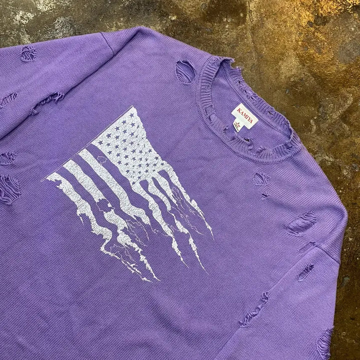 [BUNJANG] KAMIYA US Flag Damage Purple Knit / (XL) KAMIYA 성조기 데미지 퍼플 니트