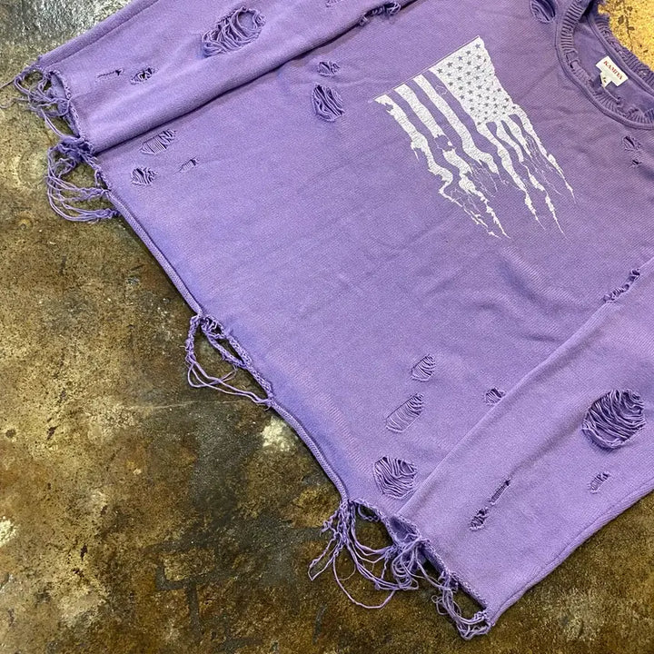 [BUNJANG] KAMIYA US Flag Damage Purple Knit / (XL) KAMIYA 성조기 데미지 퍼플 니트