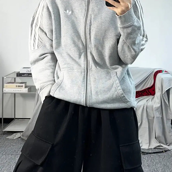 [BUNJANG] Adidas Firebird Hoodie Zip-up (Gray) - Size L / 아디다스 그레이 파이어버드 후드집업 L