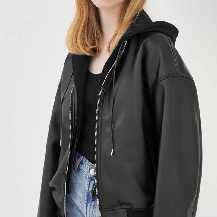 [SOLD OUT] 레이디볼륨 레더 후드점퍼