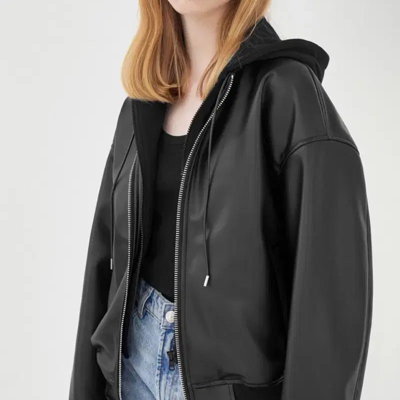 [SOLD OUT] 레이디볼륨 레더 후드점퍼
