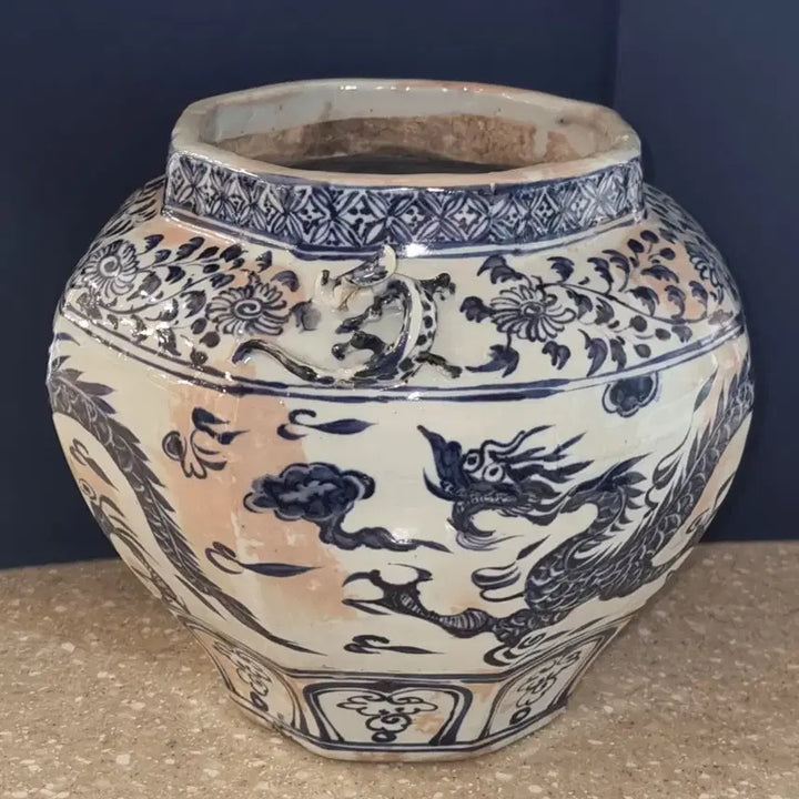 [BUNJANG] Chinese Antique Celadon Porcelain Cloud Dragon Octagonal Plate / 고도자 청화백자 운용문 팔각첩화 소호 높이18 지름23 중국도자기 골통품
