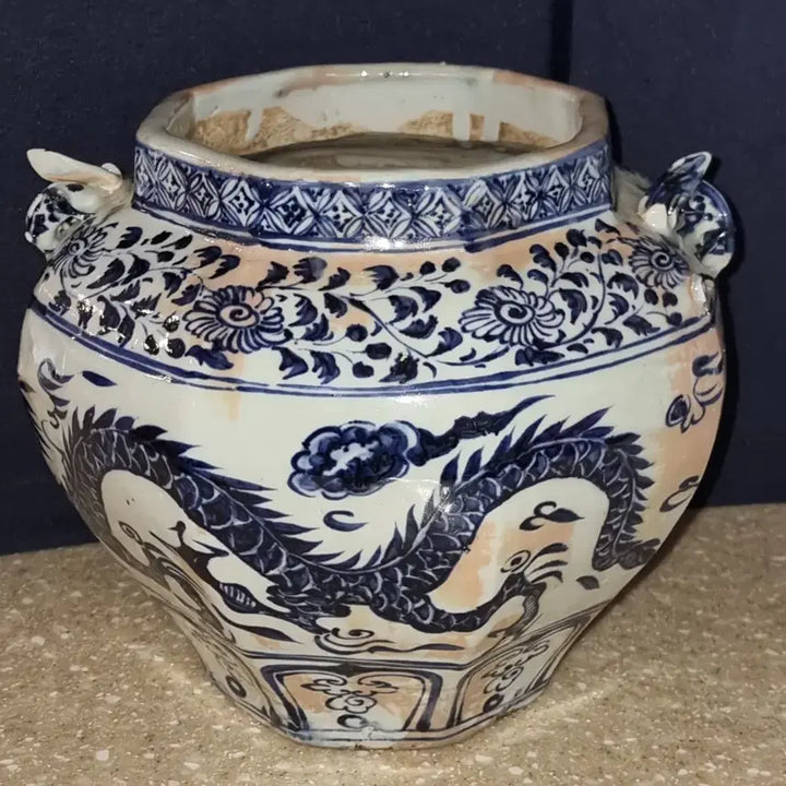[BUNJANG] Chinese Antique Celadon Porcelain Cloud Dragon Octagonal Plate / 고도자 청화백자 운용문 팔각첩화 소호 높이18 지름23 중국도자기 골통품