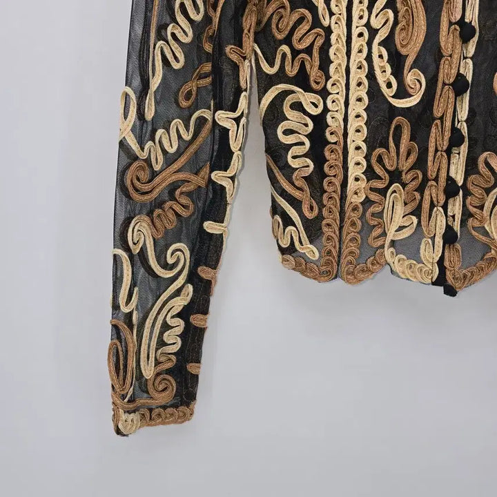 [BUNJANG] Ika Embroidered Mesh Blouse / 시스루 자수 패턴 블랙 메쉬 브라우스 [B30111]