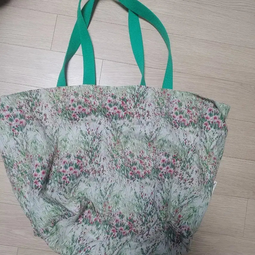 [BUNJANG] Green Handle Floral Print Cotton Shopping Bag / 멋진 초록숲 장바구니