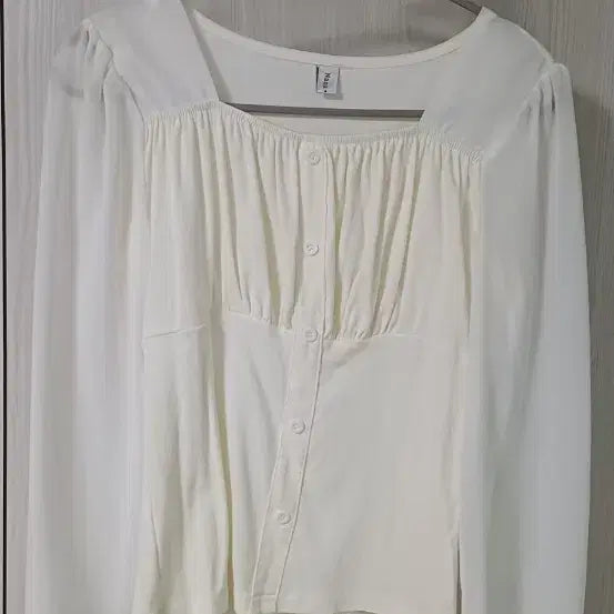 [BUNJANG] White See-Through Puff Blouse / 화이트 시스루 퍼프 블라우스