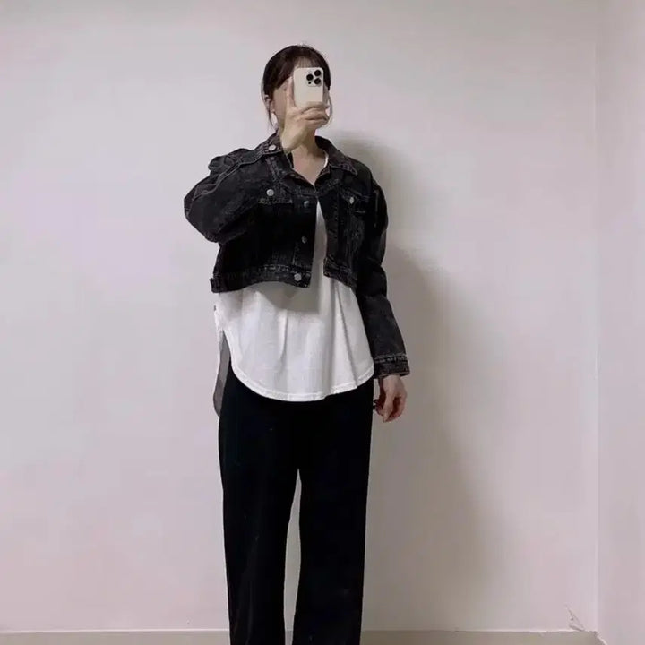 [BUNJANG] Black Denim Crop Jacket / 새상품 어깨퍼프 가을 크롭 흑청 데님 자켓 여성용