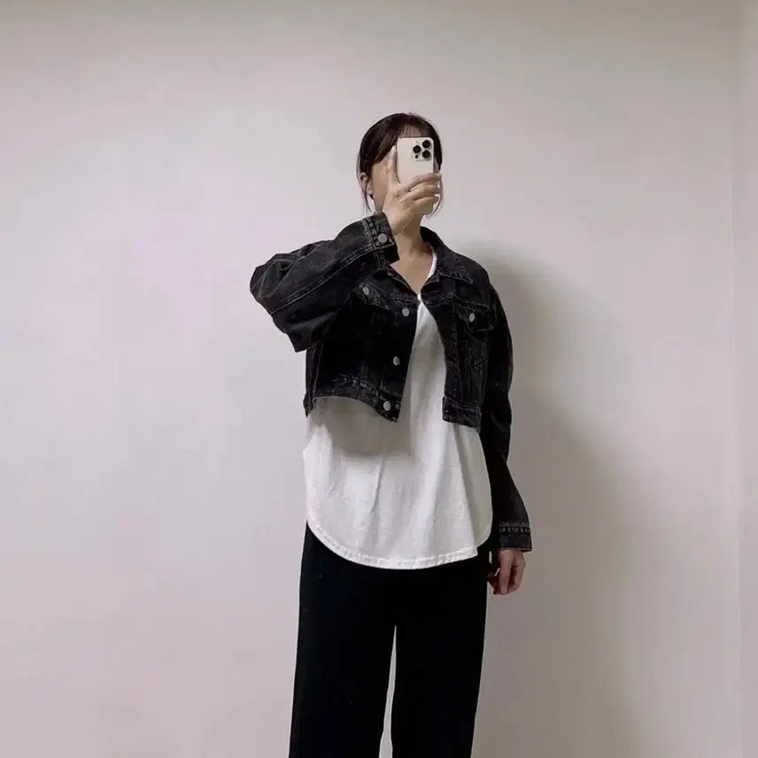 [BUNJANG] Black Denim Crop Jacket / 새상품 어깨퍼프 가을 크롭 흑청 데님 자켓 여성용