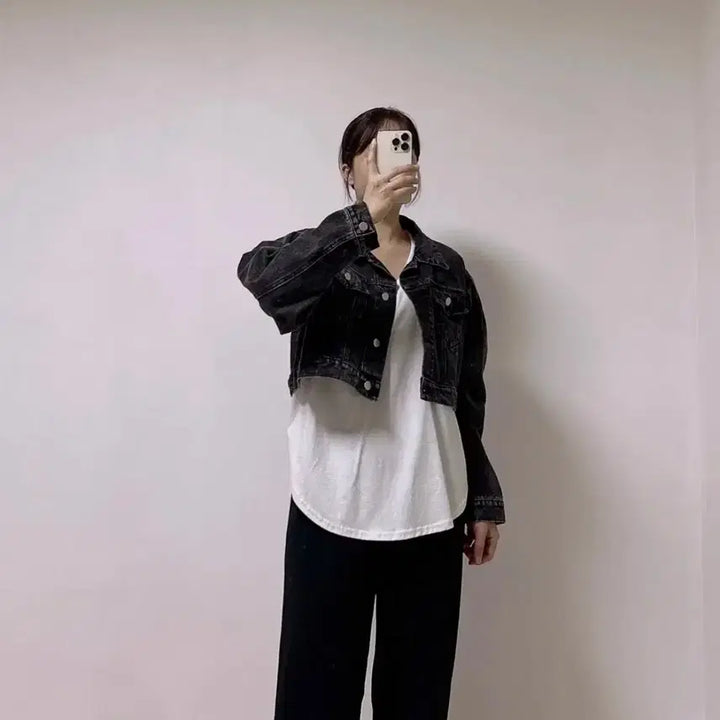 [BUNJANG] Black Denim Crop Jacket / 새상품 어깨퍼프 가을 크롭 흑청 데님 자켓 여성용
