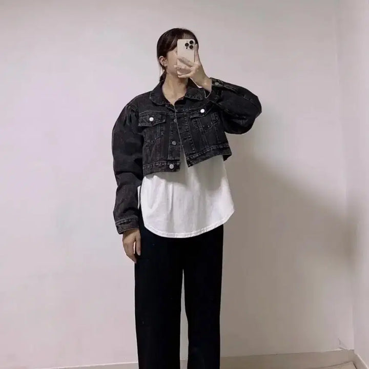 [BUNJANG] Black Denim Crop Jacket / 새상품 어깨퍼프 가을 크롭 흑청 데님 자켓 여성용
