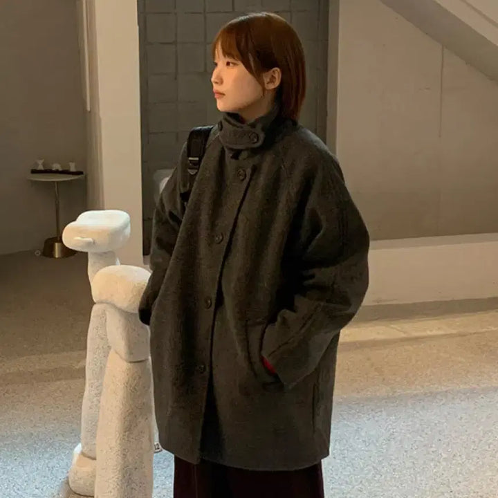 [BUNJANG] Baon High Neck Half Coat Charcoal / 바온 하이넥 하프코트 차콜