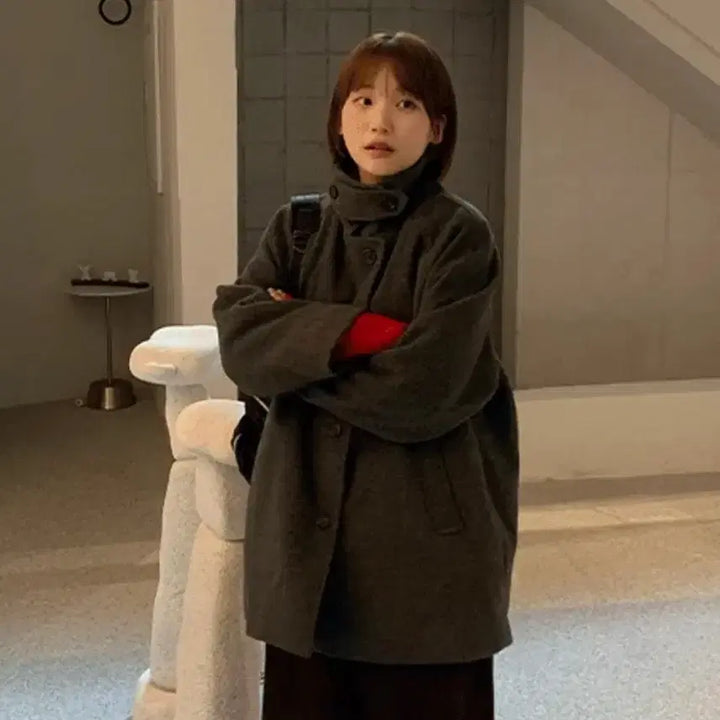 [BUNJANG] Baon High Neck Half Coat Charcoal / 바온 하이넥 하프코트 차콜