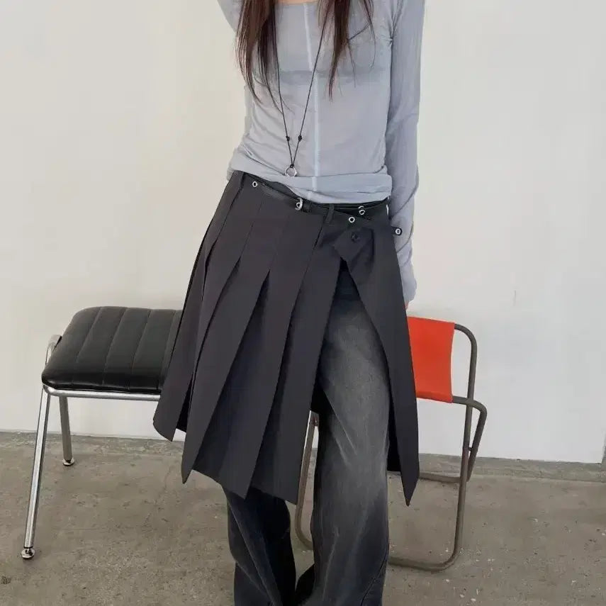 [BUNJANG] Pleated Wrap Skirt Set / 랩 스커트 플리츠 치마 바지 세트
