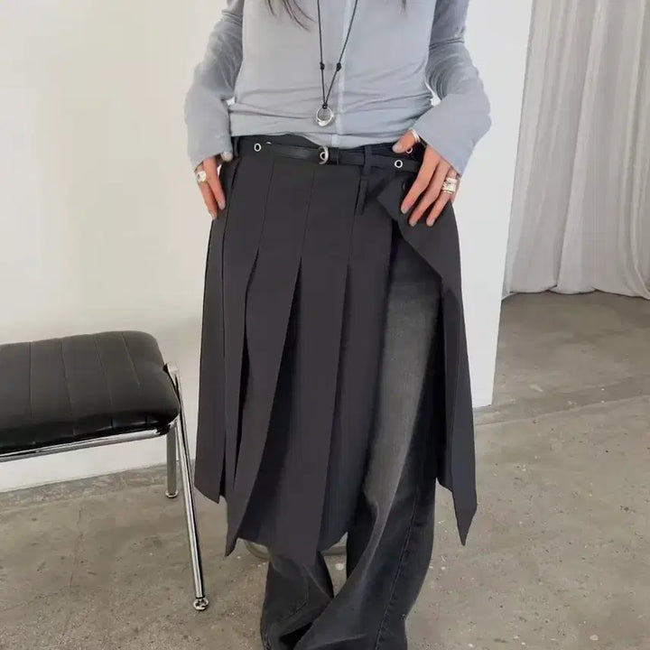 [BUNJANG] Pleated Wrap Skirt Set / 랩 스커트 플리츠 치마 바지 세트