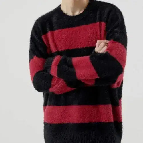[BUNJANG] Unisex Hairy Stripe Knit Red L / 남자 헤어리 스트라이프니트 레드 L