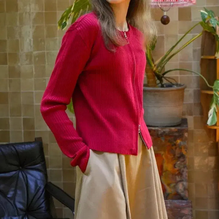 [BUNJANG] Red Two-Way Zip-Up Cardigan / 레드 투웨이집업 가디건 free