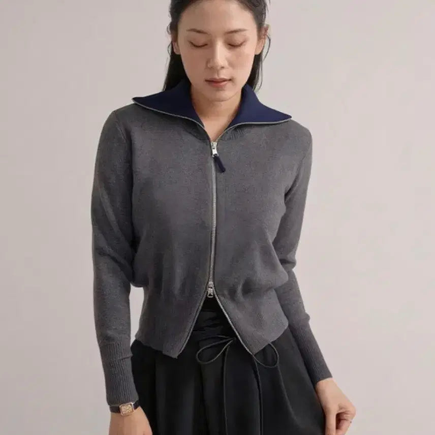 [BUNJANG] Miley Row Gray Zip-Up Knit Cardigan / 마일리로우 집업 니트 가디건 그레이