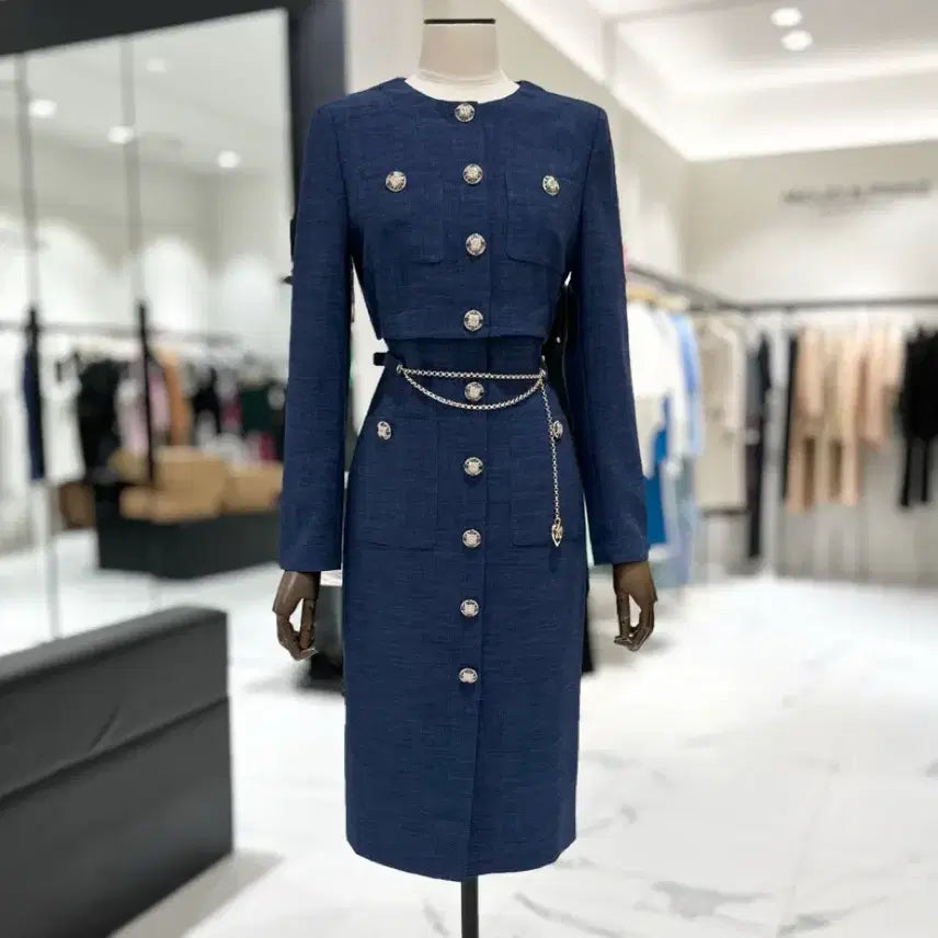 [BUNJANG] MOJO.S.PHINE Chain Belt Two-Piece Long Dress Deep Blue / 모조에스핀 MOJO.S.PHINE 체인벨트 투피스형 롱원피스 딥블루 한섬