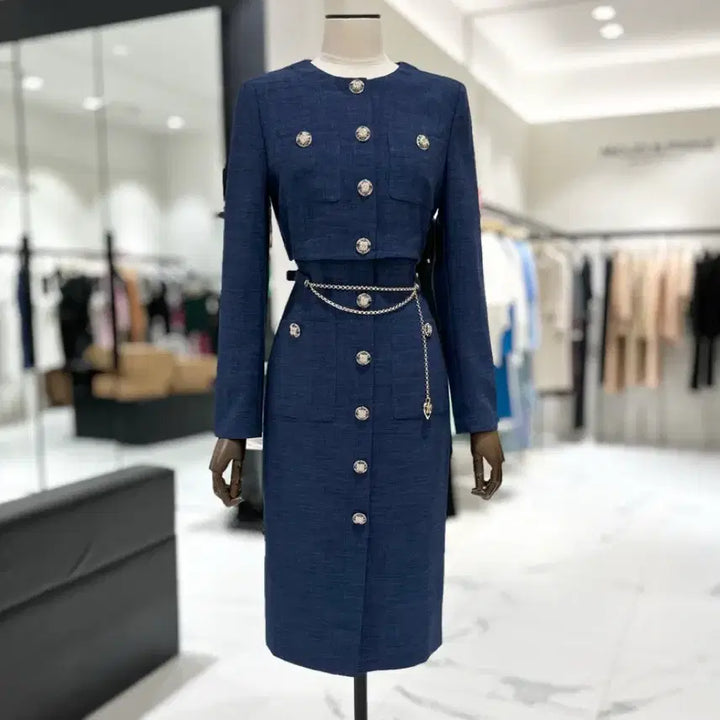 [BUNJANG] MOJO.S.PHINE Chain Belt Two-Piece Long Dress Deep Blue / 모조에스핀 MOJO.S.PHINE 체인벨트 투피스형 롱원피스 딥블루 한섬