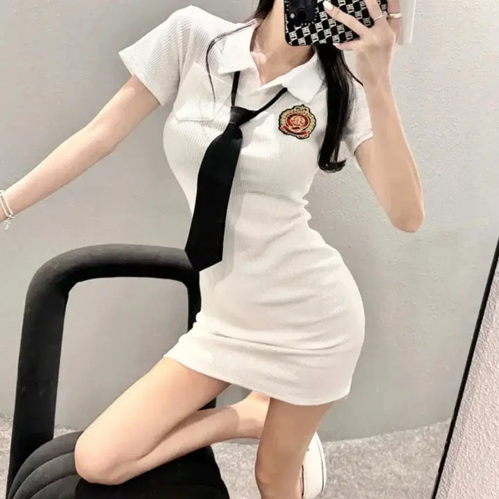 [BUNJANG] White Tie Collar Mini Dress / 화이트 넥타이 카라 미니 원피스