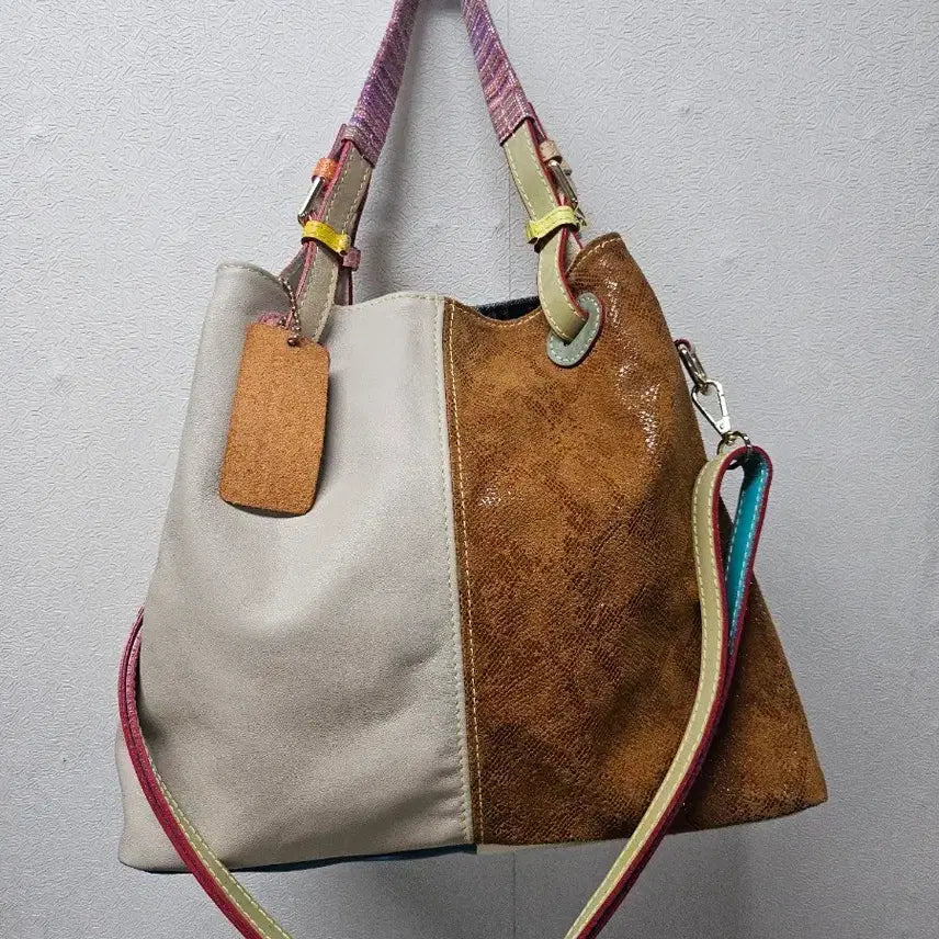 [BUNJANG] Leather Color Patchwork Tote Shoulder Bag / 가죽 배색 컬러 패치워크 토트백 숄더