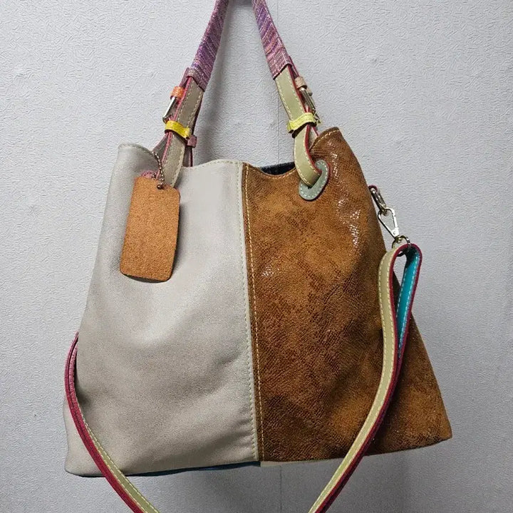 [BUNJANG] Leather Color Patchwork Tote Shoulder Bag / 가죽 배색 컬러 패치워크 토트백 숄더