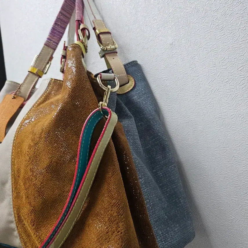 [BUNJANG] Leather Color Patchwork Tote Shoulder Bag / 가죽 배색 컬러 패치워크 토트백 숄더