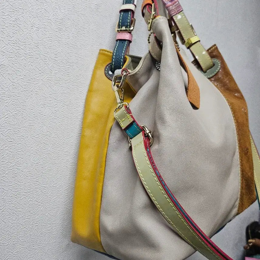 [BUNJANG] Leather Color Patchwork Tote Shoulder Bag / 가죽 배색 컬러 패치워크 토트백 숄더