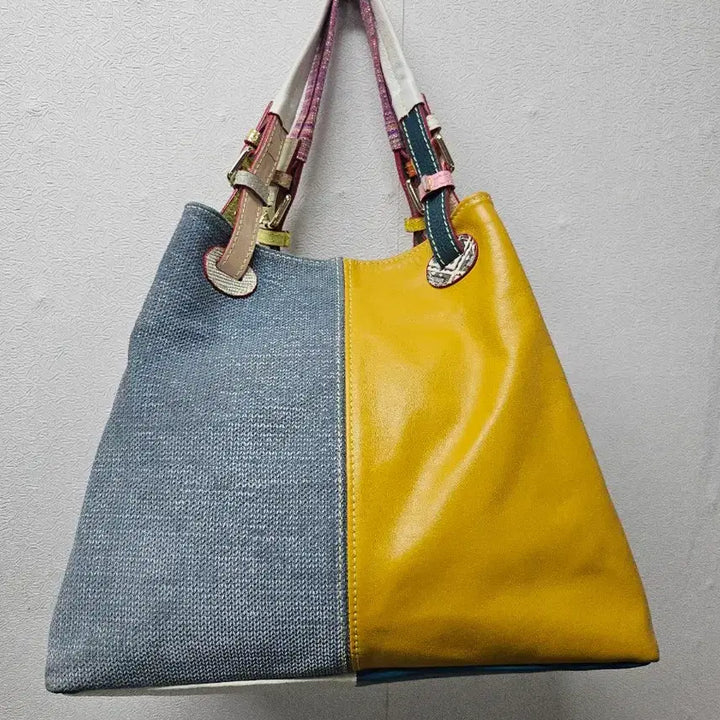 [BUNJANG] Leather Color Patchwork Tote Shoulder Bag / 가죽 배색 컬러 패치워크 토트백 숄더