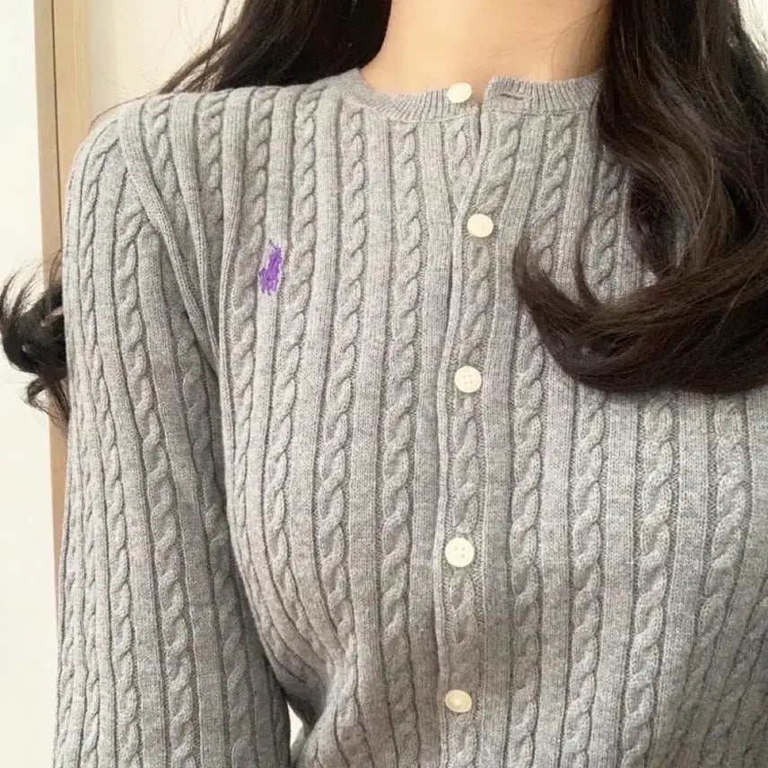 [BUNJANG] Polo Girls Cable Knit Cardigan - Gray L / 폴로 걸즈 가디건 그레이 - L 사이즈